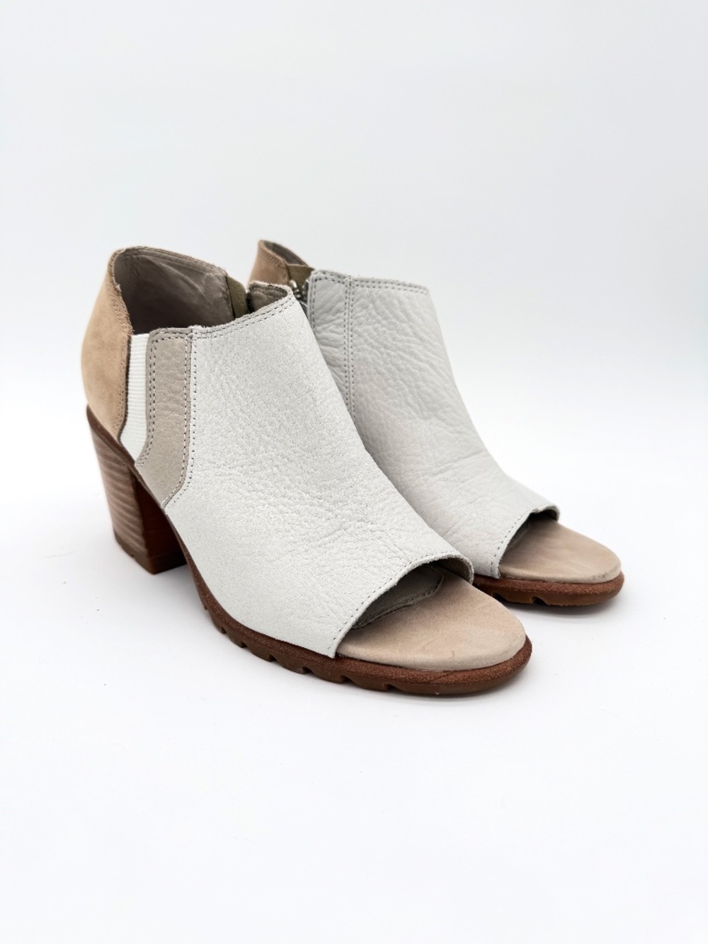 SOREL Nadia White Leather Peep Toe Ankle Booties Block Heel Sandals Women Sz 6.5